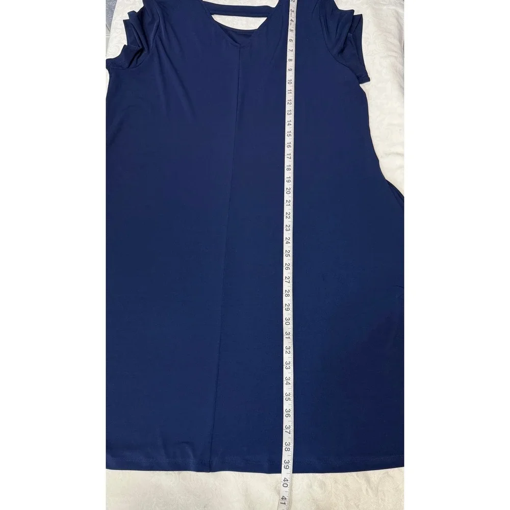 Susan Graver Liquid Knit Dress Womens Large Navy Blue Back Strap Pockets Modest